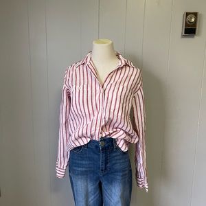 Lauren (s) 100% Linen Red and White Striped Button Down.